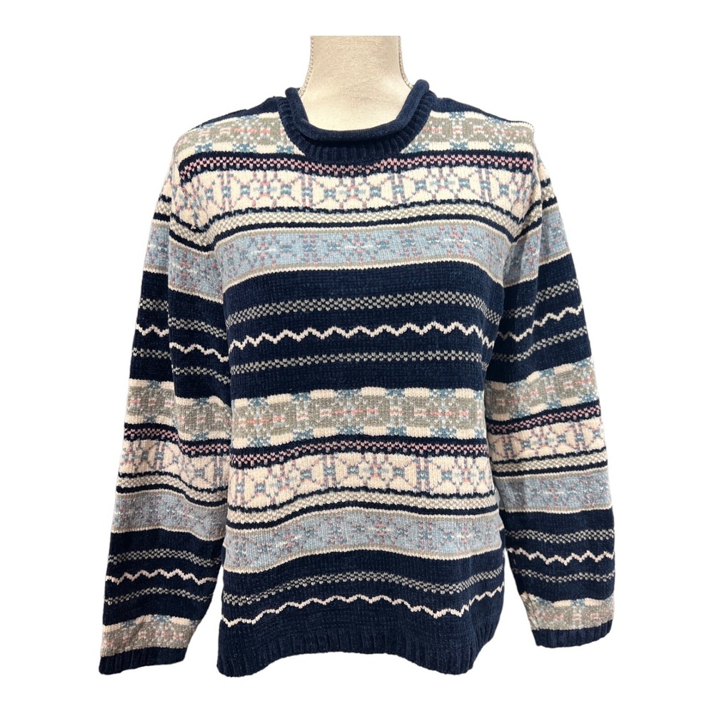 Vintage Designer‎ Originals Chenille Sweater Blue Fair Isle Nordic Size M Soft